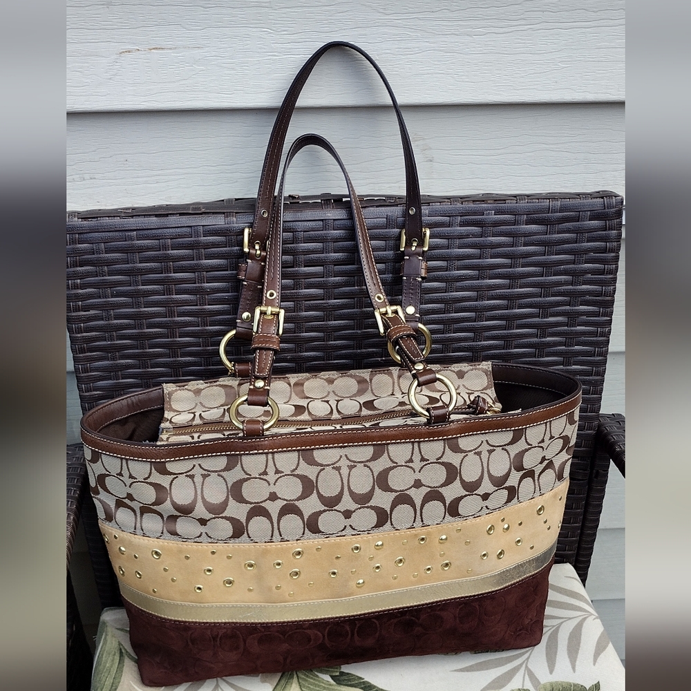 COACH Signature Patchwork East west Bucket  Tote Khaki & Brown - Picture 5 of 14